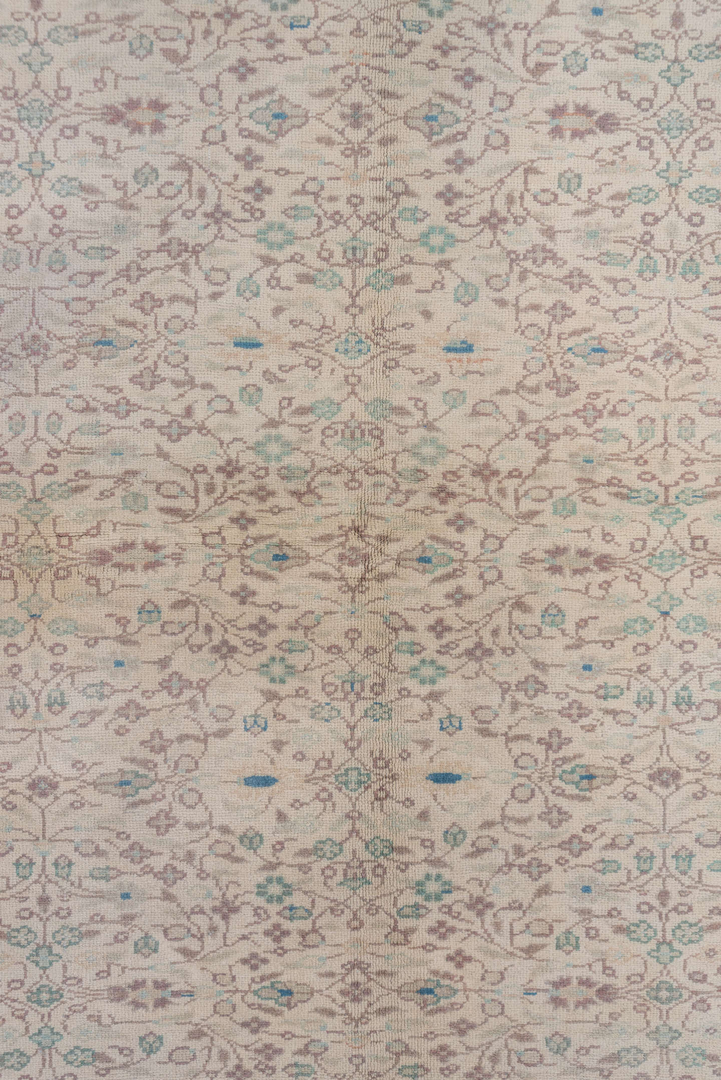 6' x 9' one-of-a-kind handmade vintage Sivas medium size rug. Color palette: ivory, taupe, pale blue, sage, beige, soft pink