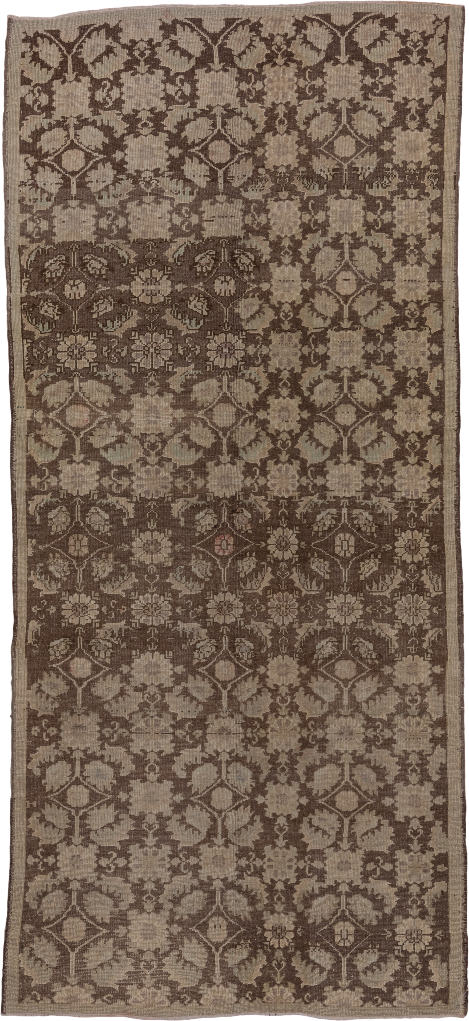 4' x 10' one-of-a-kind handmade vintage Oushak runner rug. Color palette: taupe, brown, beige, camel, ivory, gray