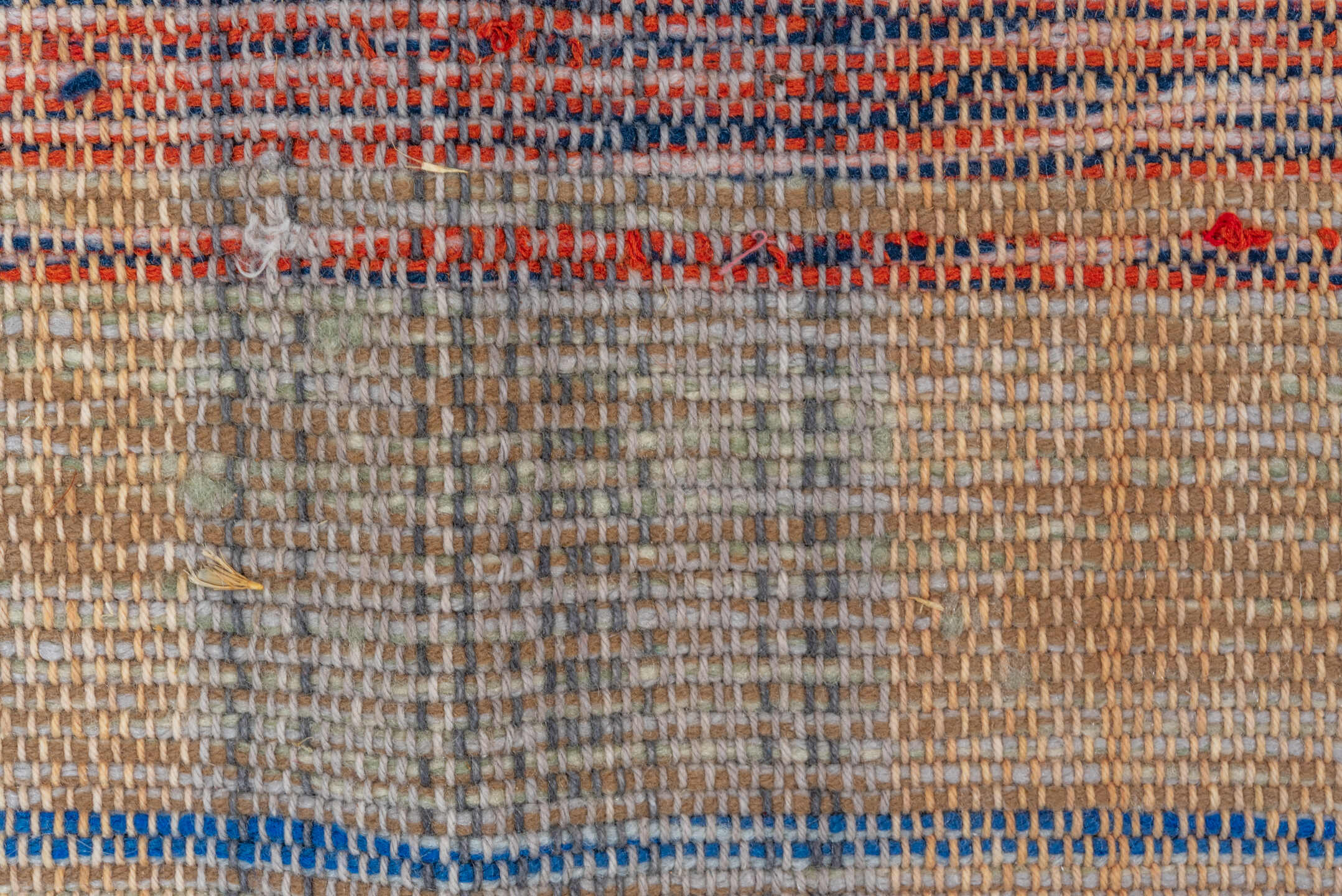 11' x 20' one-of-a-kind handmade vintage Rag Rug oversize rug. Color palette: taupe, blue, rose, peach, gray, ivory, rust