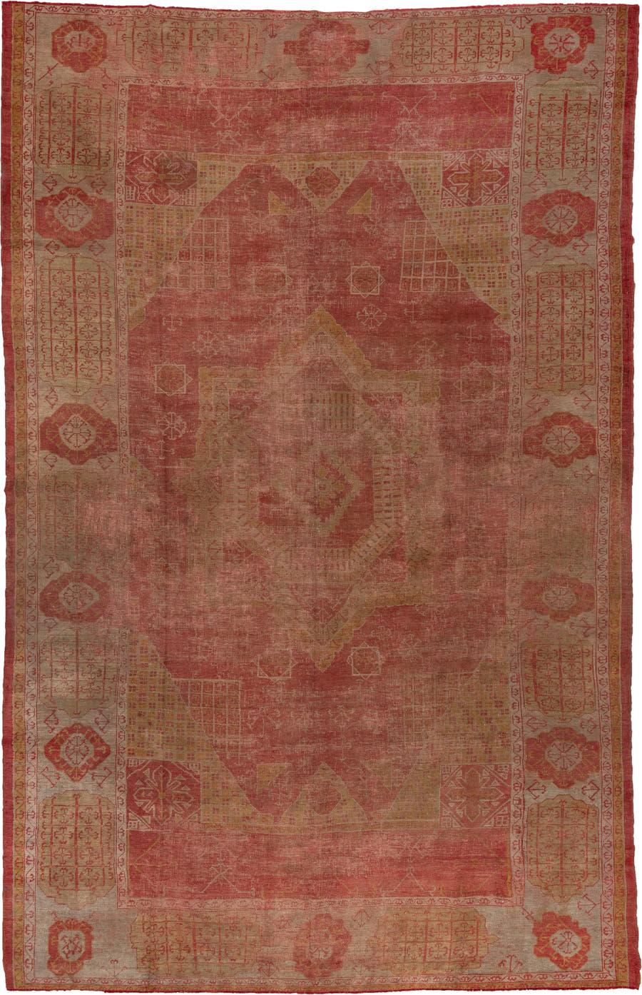 10' x 15' one-of-a-kind handmade vintage Oushak rug. Color palette: coral, rose, beige, gold, terra cotta, camel, rust