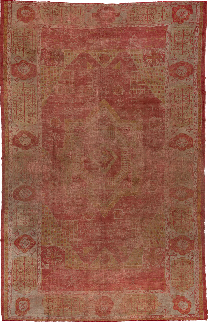10' x 15' one-of-a-kind handmade vintage Oushak rug. Color palette: coral, rose, beige, gold, terra cotta, camel, rust