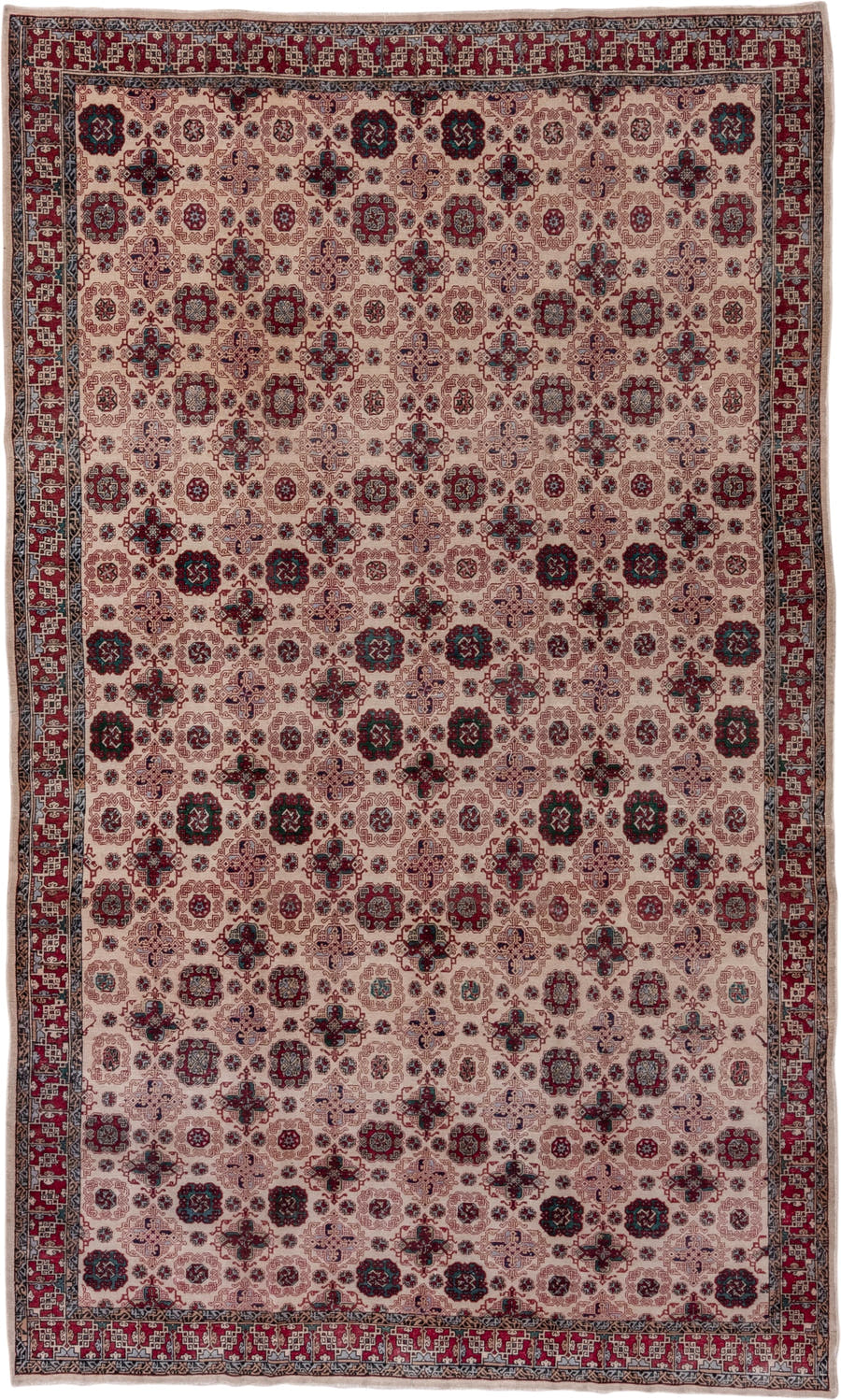 6' x 10' one-of-a-kind handmade vintage Hereke large size rug. Color palette: ivory, burgundy, navy, rose, taupe, slate