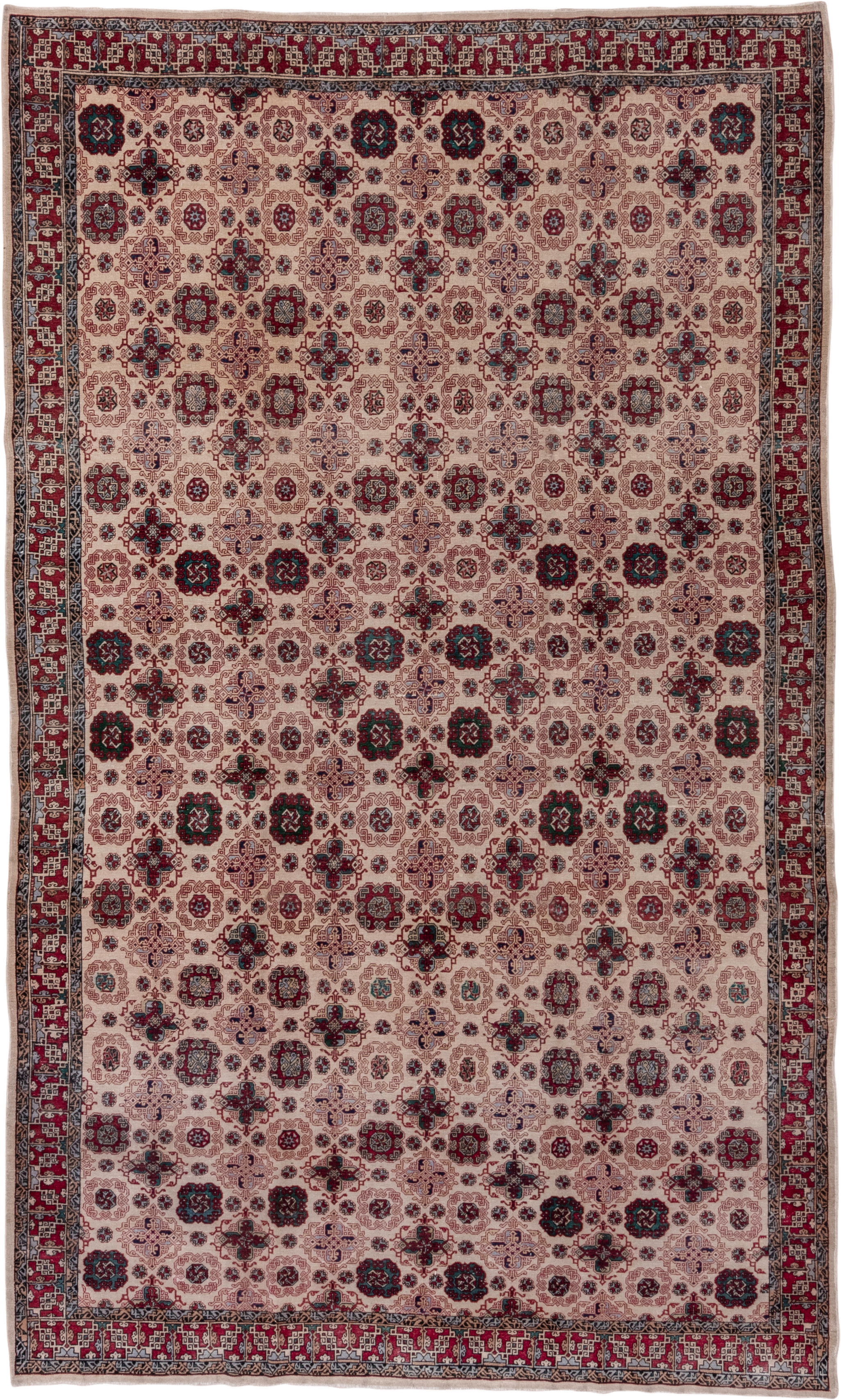 6' x 10' one-of-a-kind handmade vintage Hereke large size rug. Color palette: ivory, burgundy, navy, rose, taupe, slate