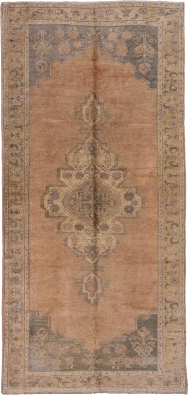 5' x 11' one-of-a-kind handmade vintage Oushak rug. Color palette: blush, taupe, sage, ivory, beige, slate, camel, pink
