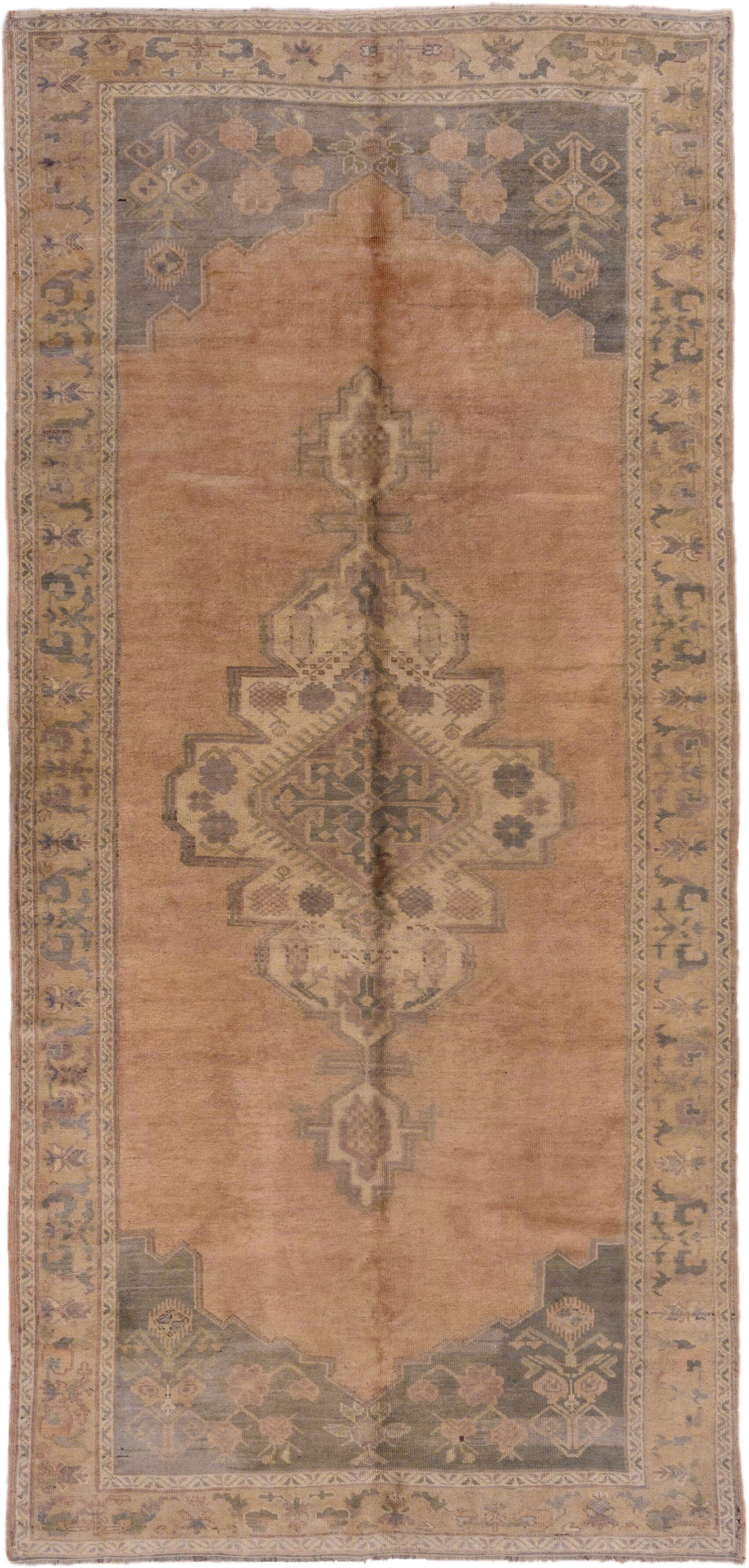 5' x 11' one-of-a-kind handmade vintage Oushak rug. Color palette: blush, taupe, sage, ivory, beige, slate, camel, pink