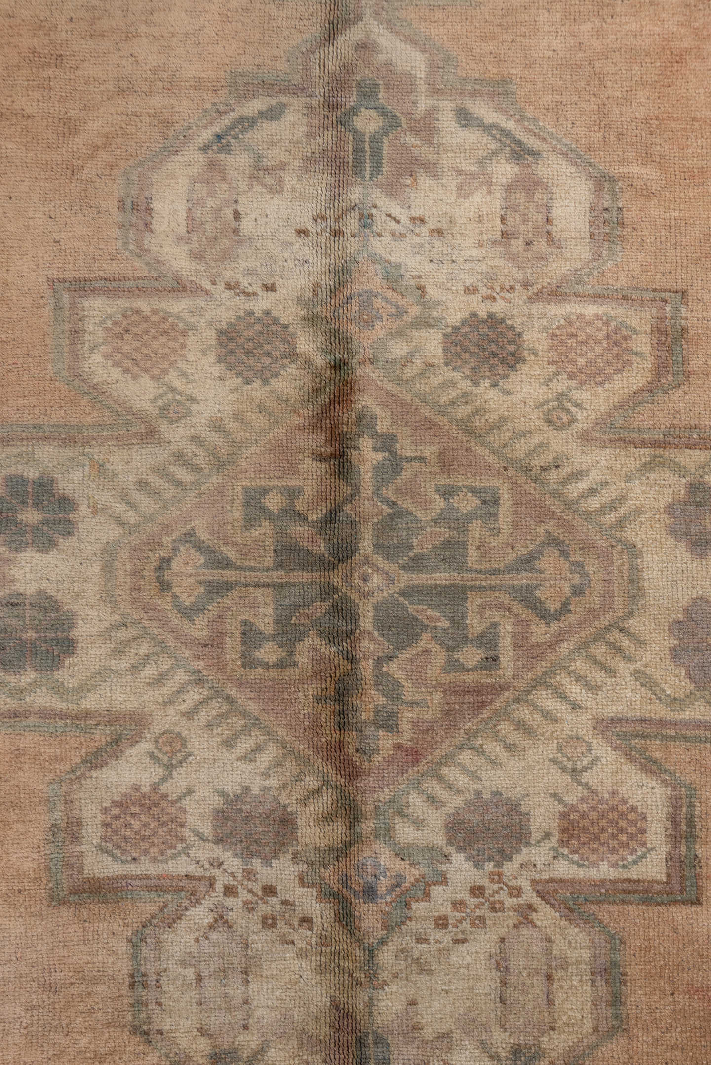 5' x 11' one-of-a-kind handmade vintage Oushak rug. Color palette: blush, taupe, sage, ivory, beige, slate, camel, pink