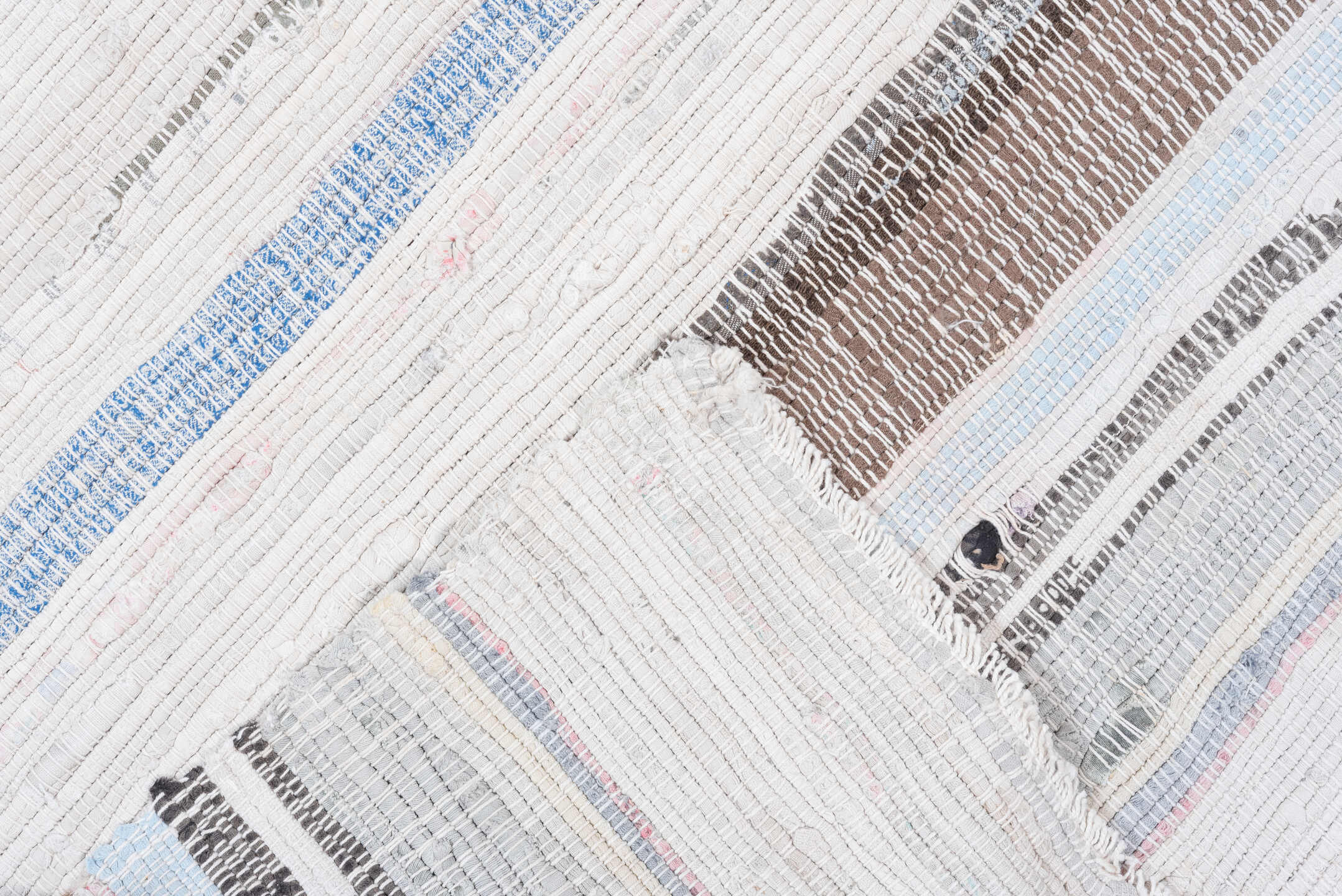 6' x 9' one-of-a-kind handmade vintage Rag Rug medium size rug. Color palette: ivory, cream, taupe, gray, pale blue, beige
