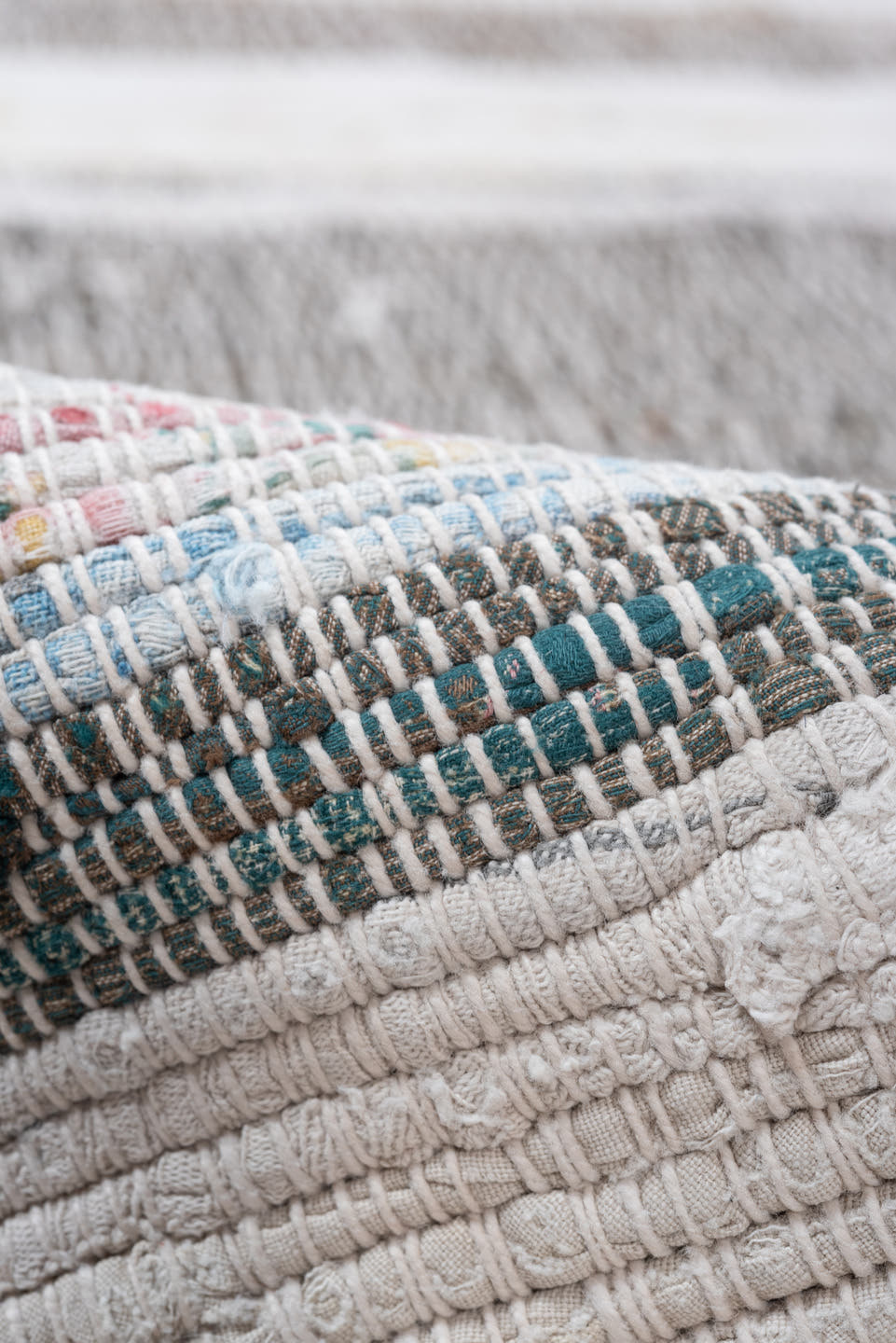 6' x 9' one-of-a-kind handmade vintage Rag Rug medium size rug. Color palette: ivory, cream, taupe, gray, pale blue, beige