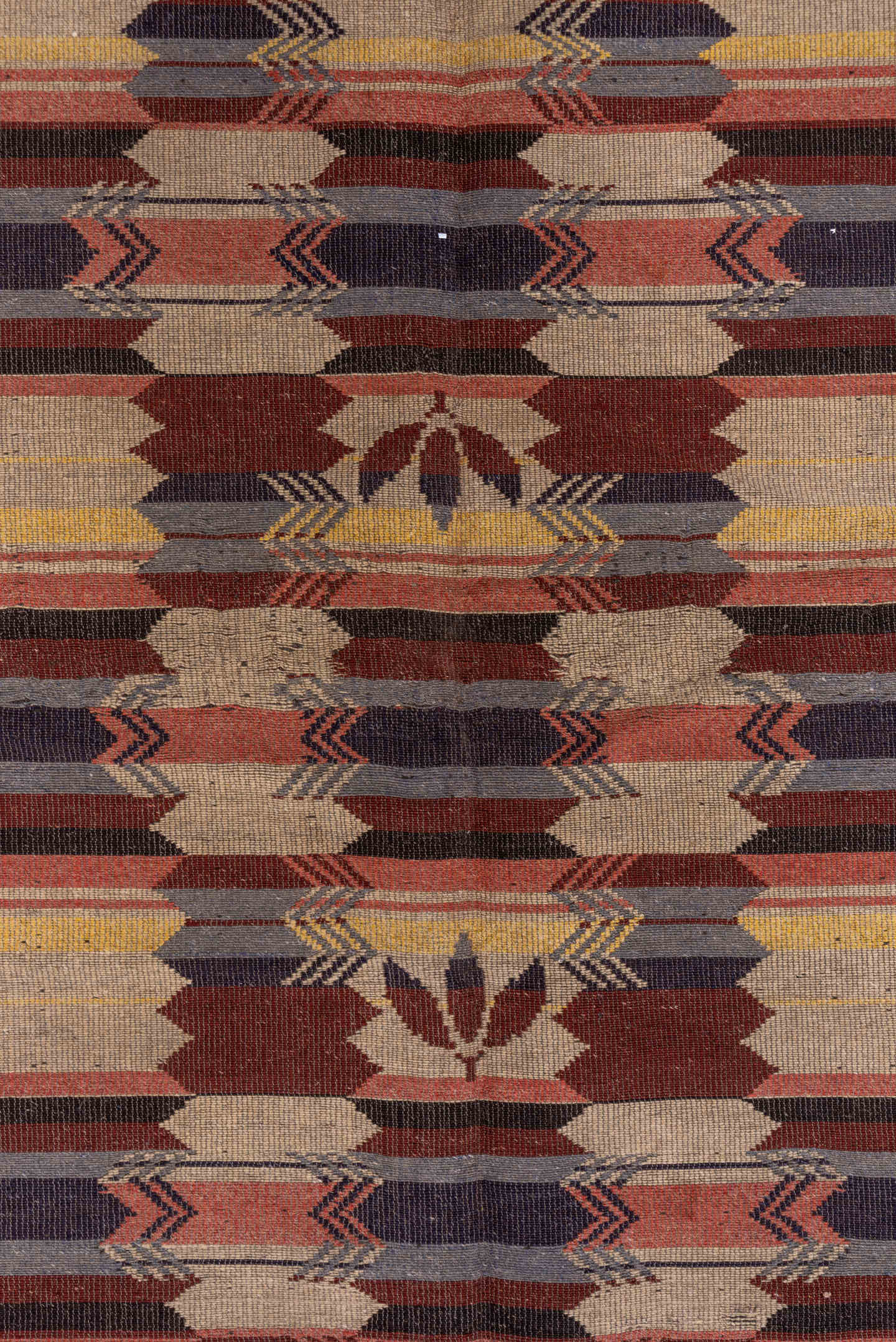 7' x 8' one-of-a-kind handmade vintage Kilim rug. Color palette: rust, ivory, charcoal, slate, rose, gold, taupe, terracotta