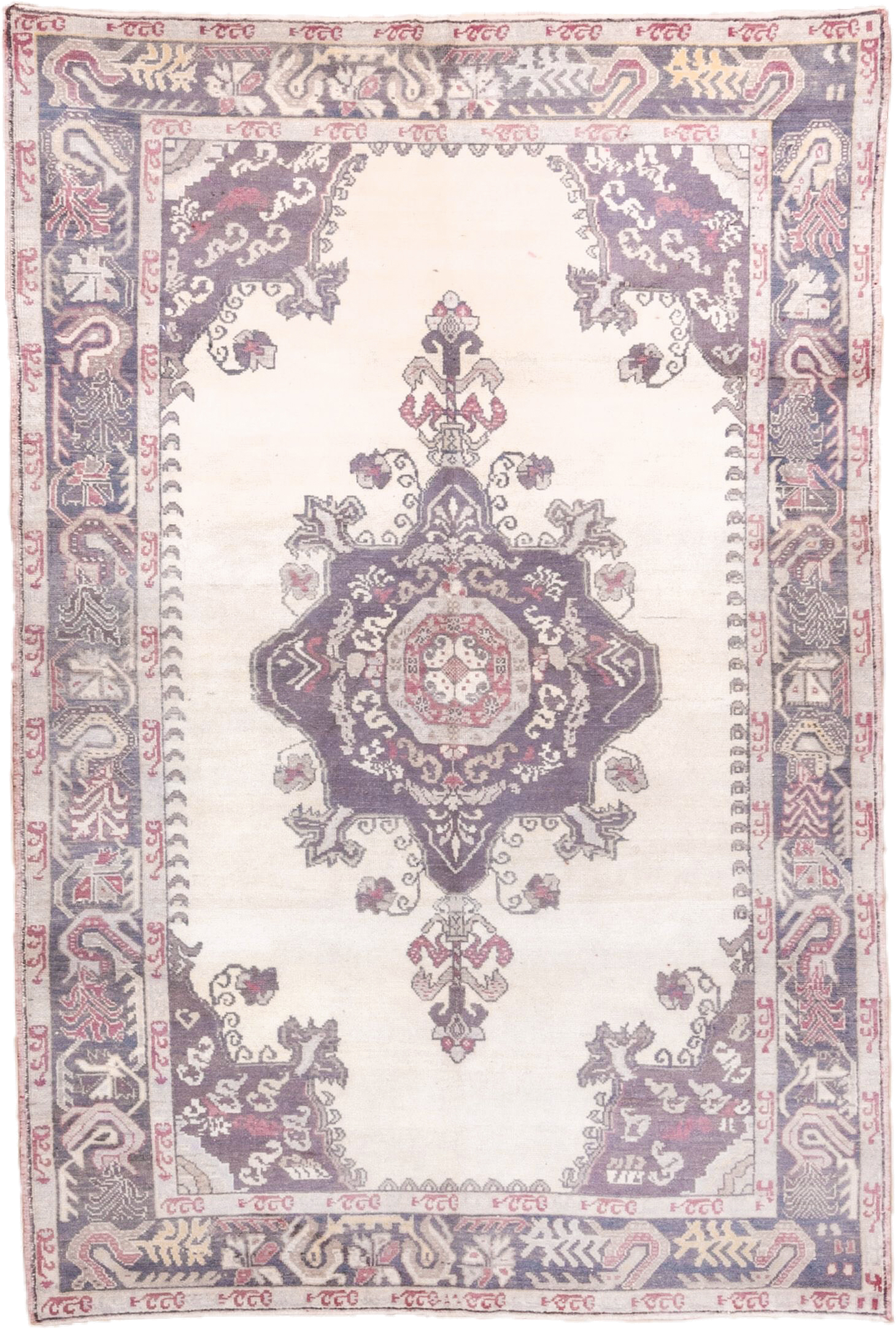 5' x 7' one-of-a-kind handmade vintage Oushak rug. Color palette: ivory, plum, slate, rose, taupe, burgundy, pink, purple
