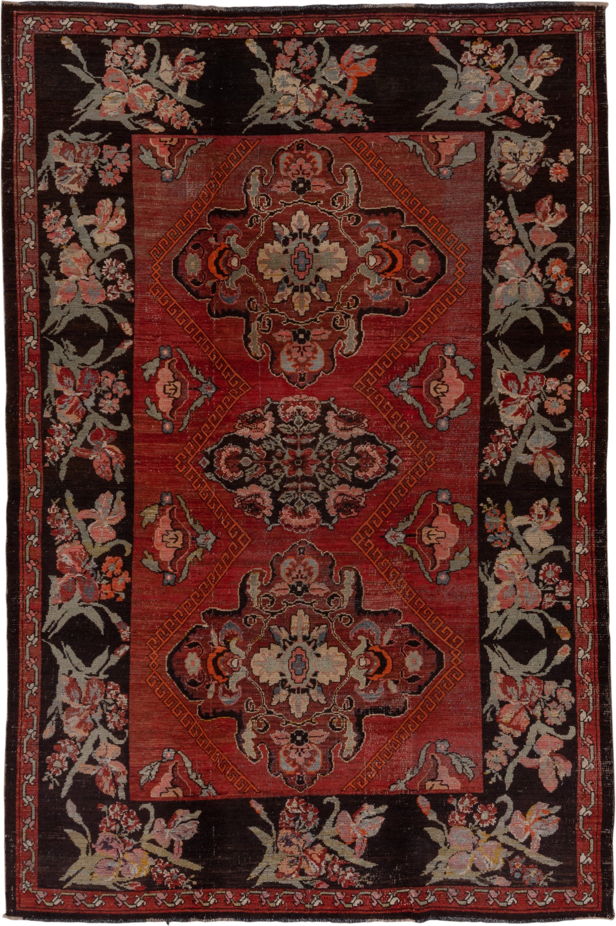 7' x 12' one-of-a-kind handmade antique Kars large size rug. Color palette: rust, charcoal, coral, ivory, rose, slate