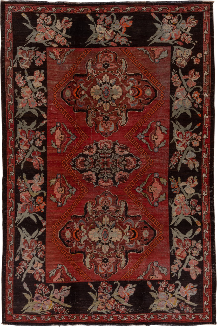 7' x 12' one-of-a-kind handmade antique Kars large size rug. Color palette: rust, charcoal, coral, ivory, rose, slate