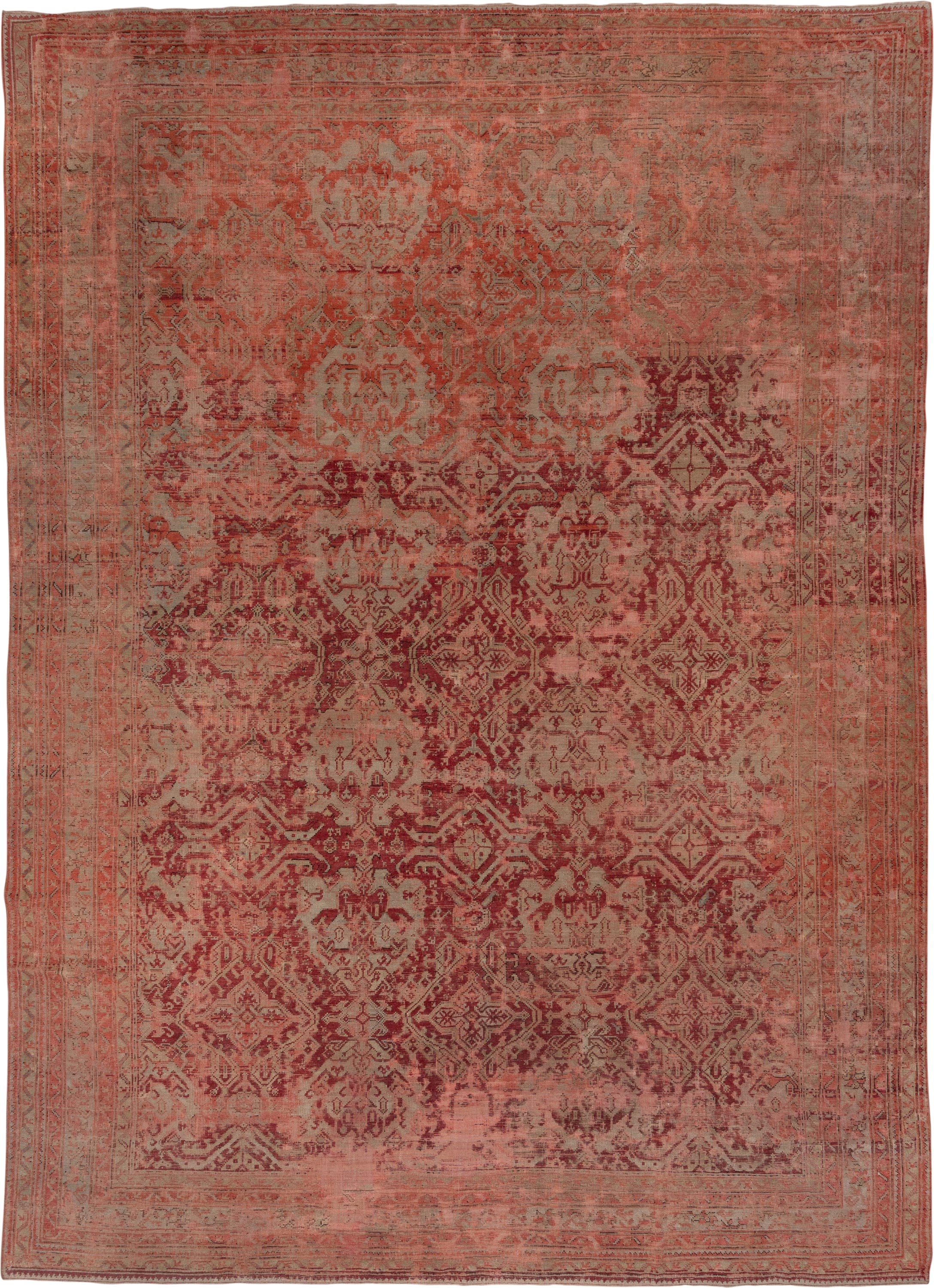 12' x 17' one-of-a-kind handmade antique Oushak oversize rug. Color palette: coral, rose, terra cotta, burgundy, dusty pink