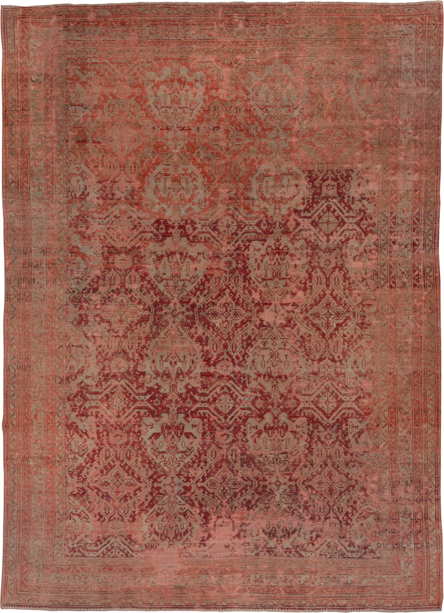 12' x 17' one-of-a-kind handmade antique Oushak oversize rug. Color palette: coral, rose, terra cotta, burgundy, dusty pink