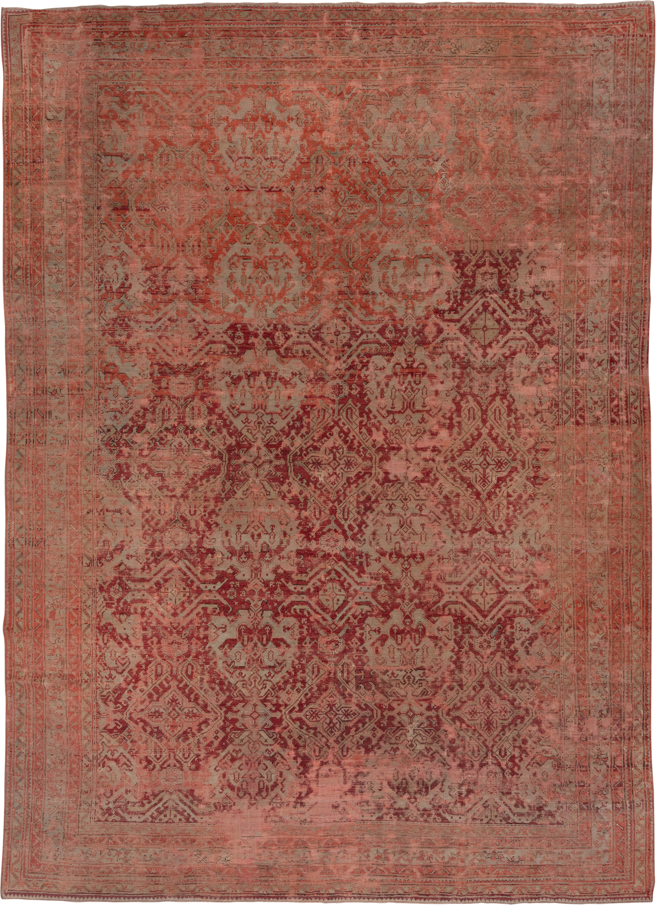 12' x 17' one-of-a-kind handmade antique Oushak oversize rug. Color palette: coral, rose, terra cotta, burgundy, dusty pink