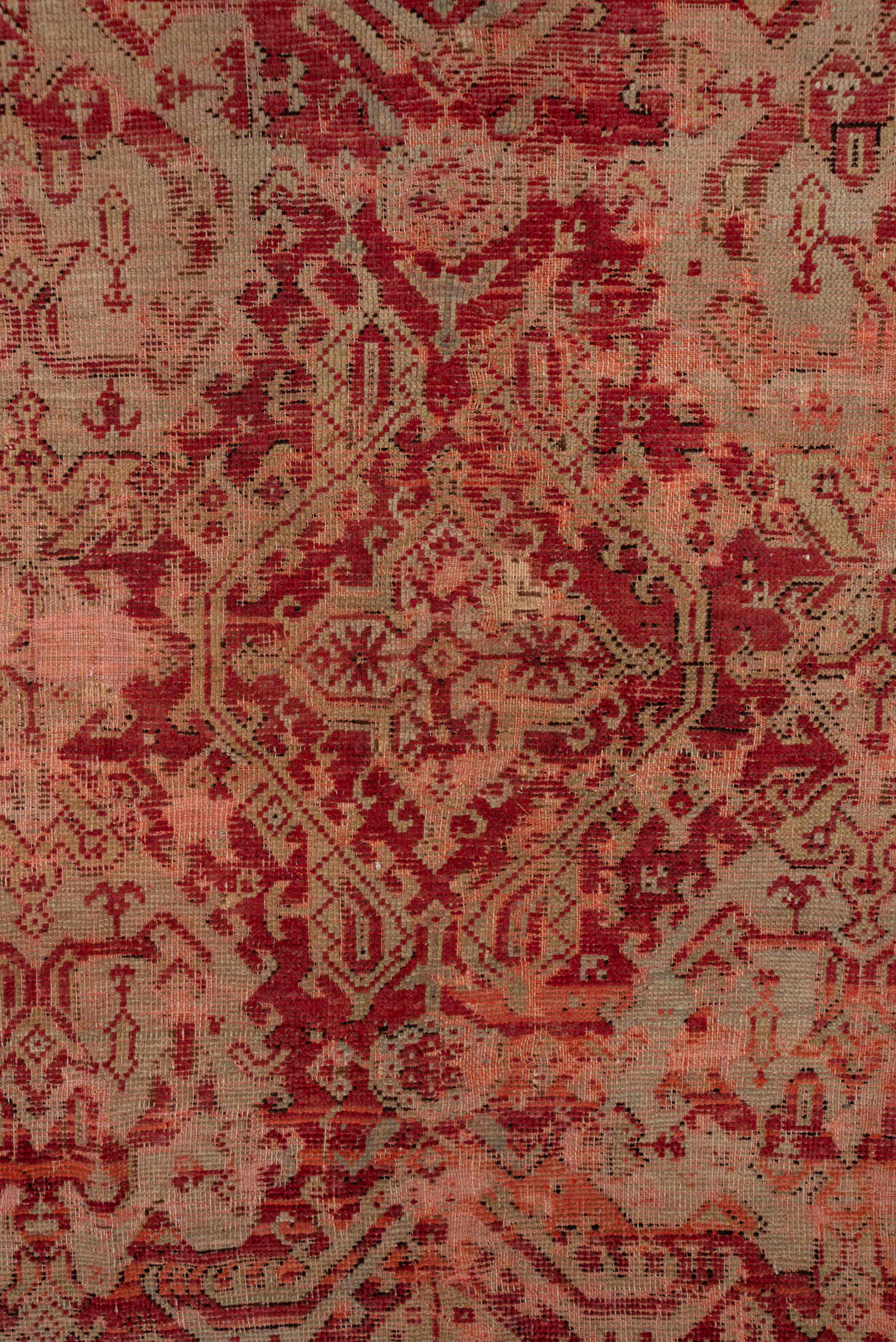 12' x 17' one-of-a-kind handmade antique Oushak oversize rug. Color palette: coral, rose, terra cotta, burgundy, dusty pink