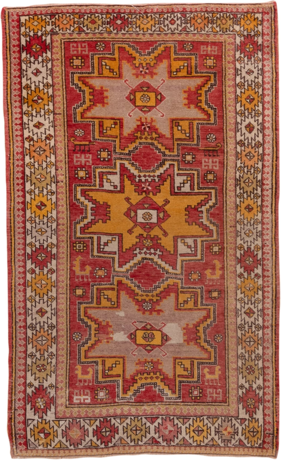 3' x 5' one-of-a-kind handmade antique Oushak small size rug. Color palette: terra cotta, ivory, gold, rust, camel, saffron