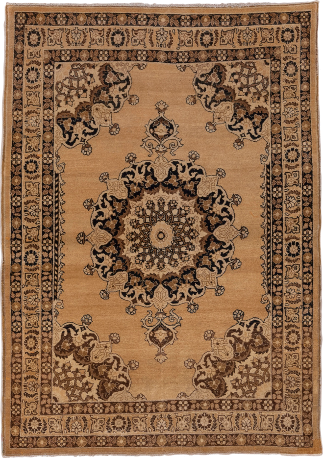 4' x 6' one-of-a-kind handmade antique Tabriz small size rug. Color palette: camel, brown, ivory, walnut, taupe, charcoal