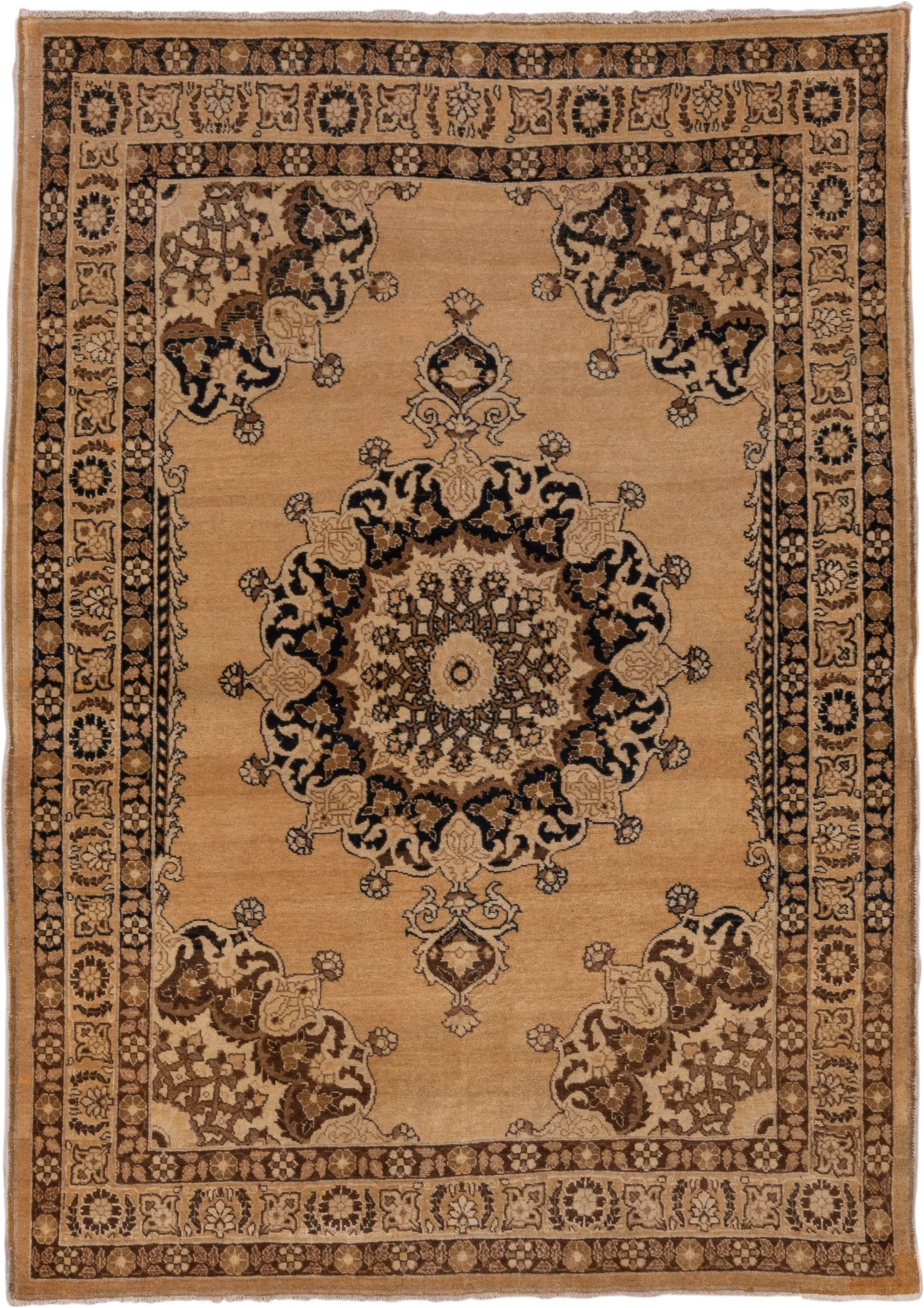4' x 6' one-of-a-kind handmade antique Tabriz small size rug. Color palette: camel, brown, ivory, walnut, taupe, charcoal