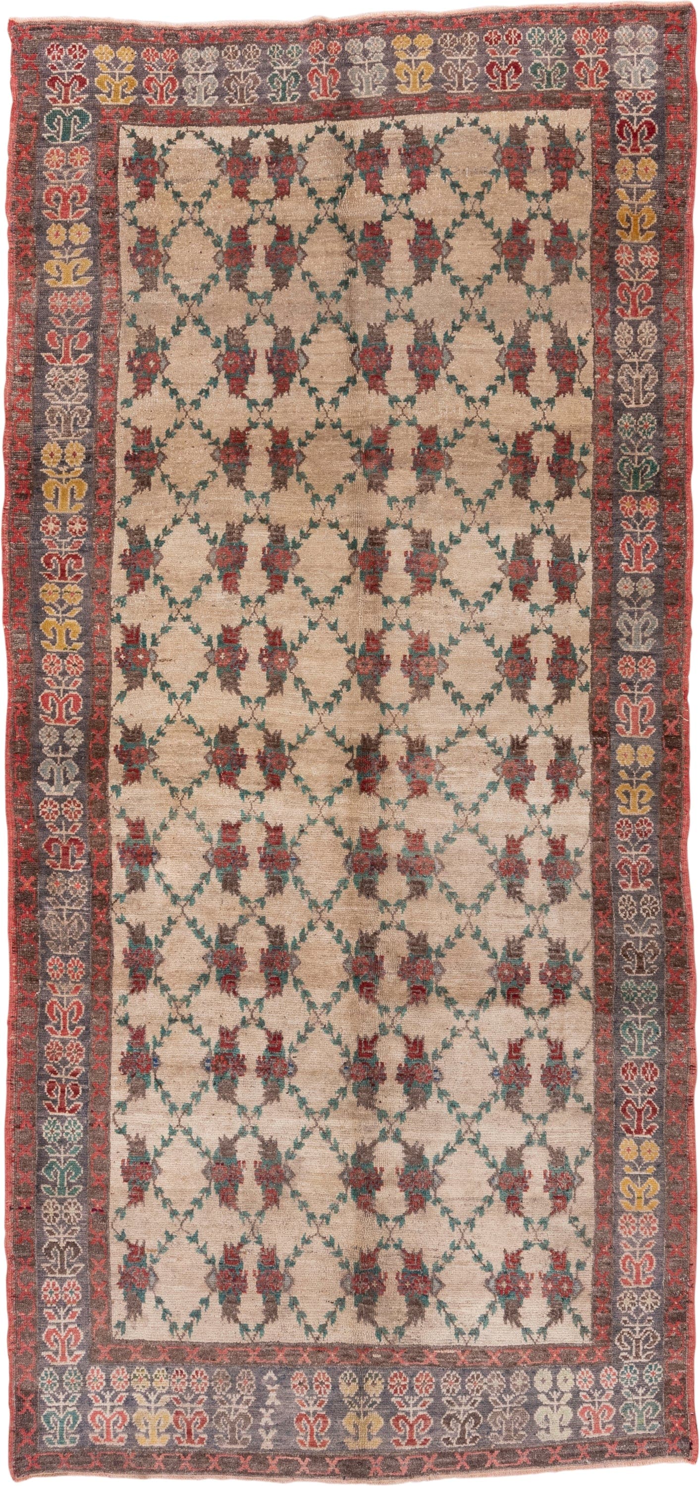 5' x 10' one-of-a-kind handmade vintage Konya rug. Color palette: ivory, charcoal, rust, teal, taupe, gold, crimson, gray