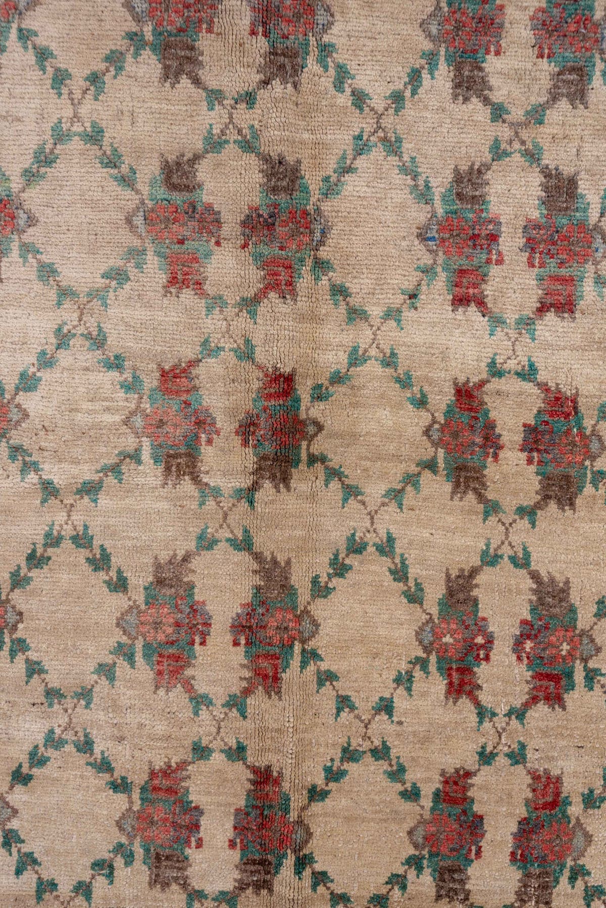 5' x 10' one-of-a-kind handmade vintage Konya rug. Color palette: ivory, charcoal, rust, teal, taupe, gold, crimson, gray