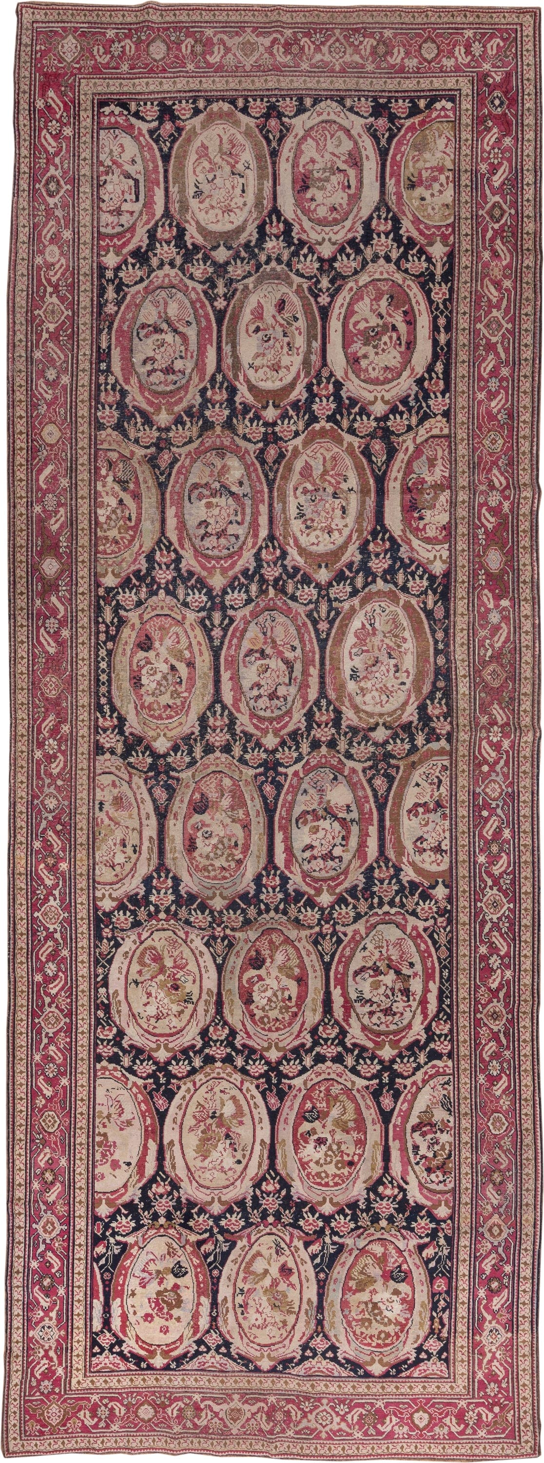 7' x 19' one-of-a-kind handmade vintage Karabagh rug. Color palette: navy, rose, ivory, burgundy, blush, taupe, olive, camel