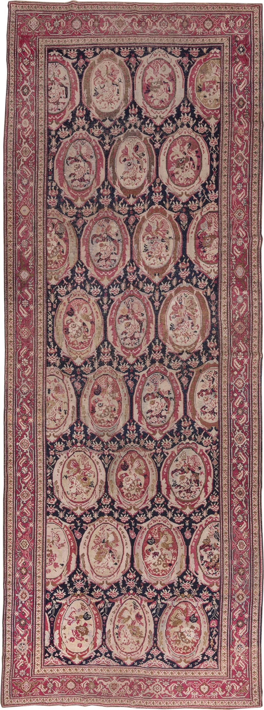 7' x 19' one-of-a-kind handmade vintage Karabagh rug. Color palette: navy, rose, ivory, burgundy, blush, taupe, olive, camel