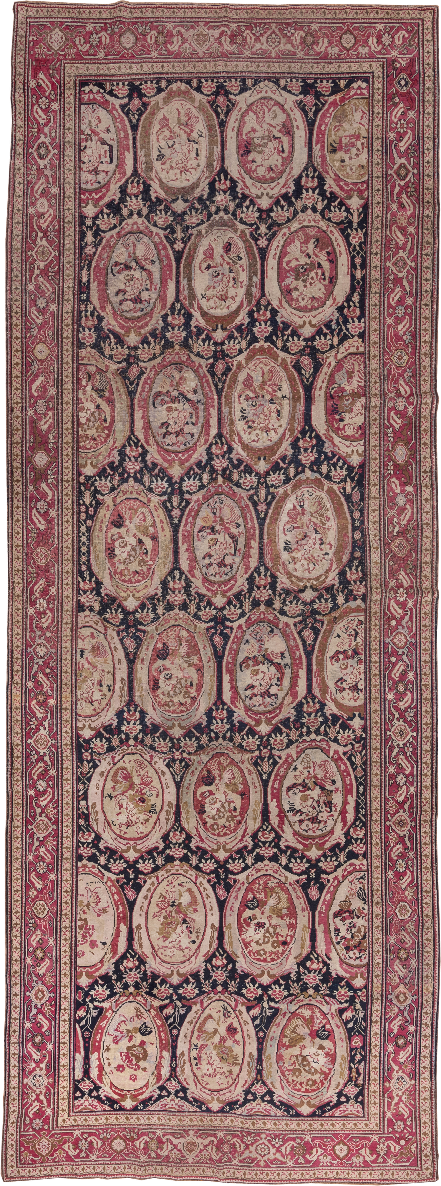 7' x 19' one-of-a-kind handmade vintage Karabagh rug. Color palette: navy, rose, ivory, burgundy, blush, taupe, olive, camel