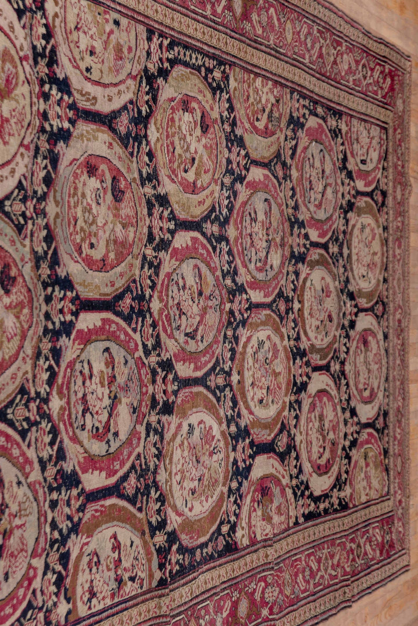 7' x 19' one-of-a-kind handmade vintage Karabagh rug. Color palette: navy, rose, ivory, burgundy, blush, taupe, olive, camel