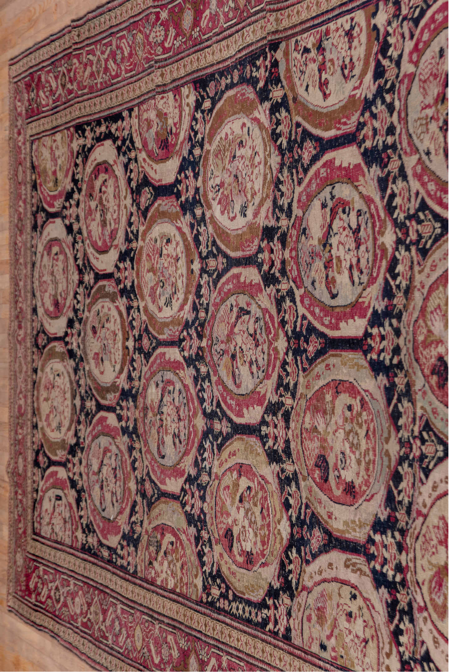 7' x 19' one-of-a-kind handmade vintage Karabagh rug. Color palette: navy, rose, ivory, burgundy, blush, taupe, olive, camel