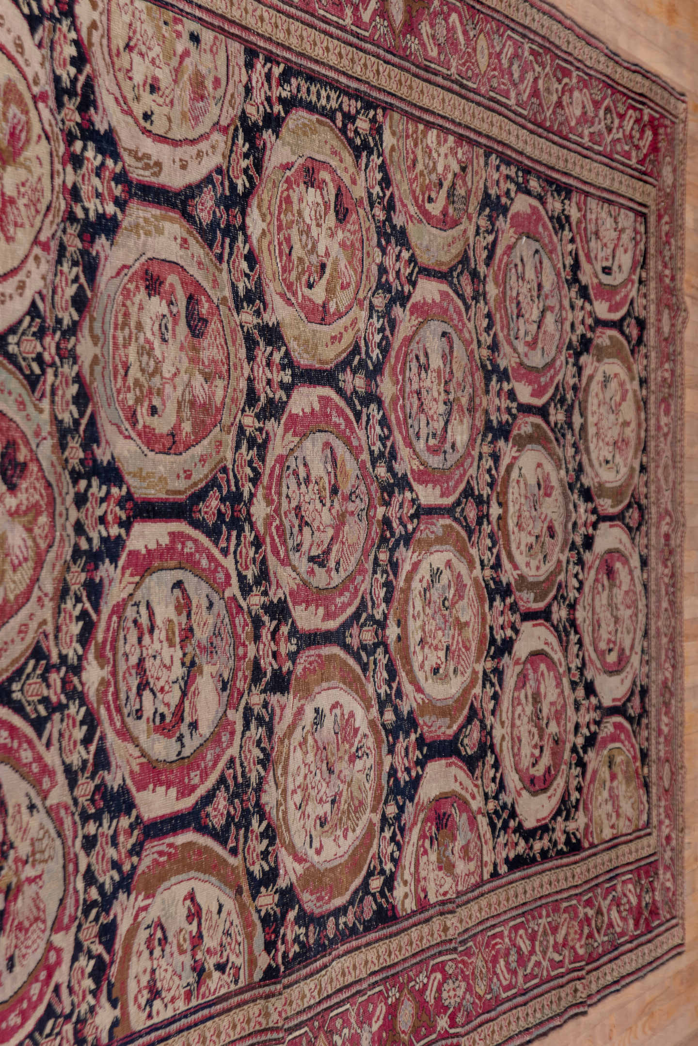 7' x 19' one-of-a-kind handmade vintage Karabagh rug. Color palette: navy, rose, ivory, burgundy, blush, taupe, olive, camel