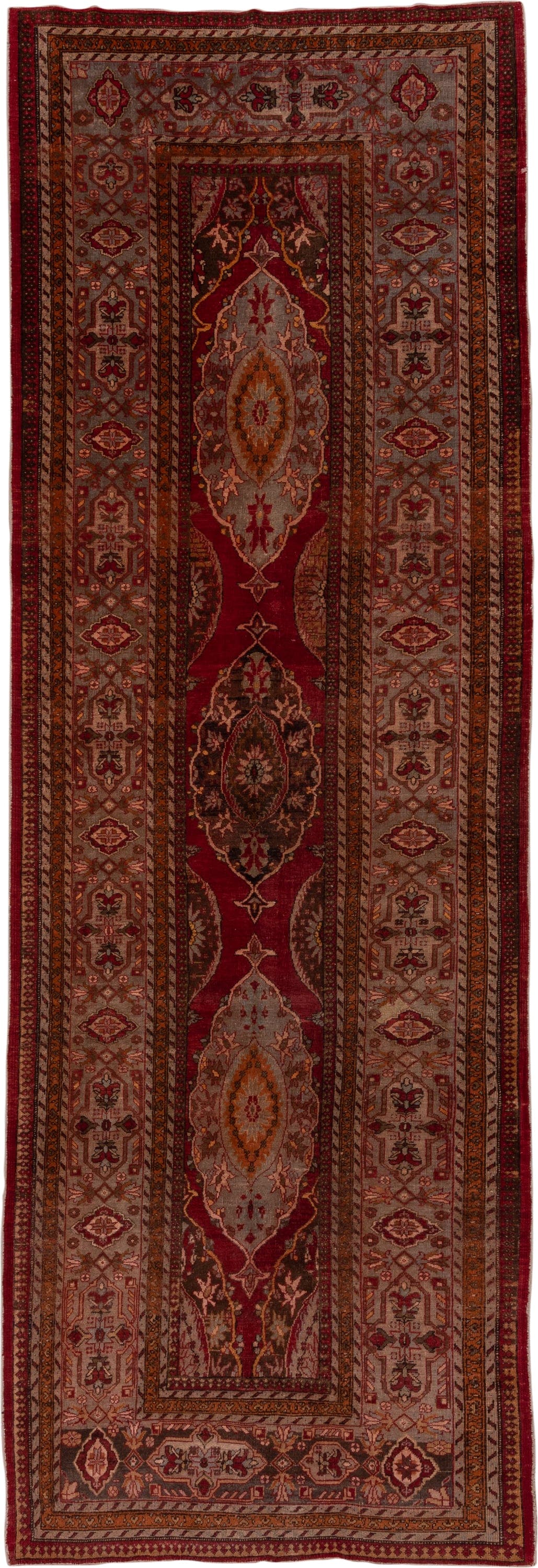 5' x 15' one-of-a-kind handmade vintage Sivas rug. Color palette: burgundy, taupe, rust, ivory, brown, rose, gold, charcoal