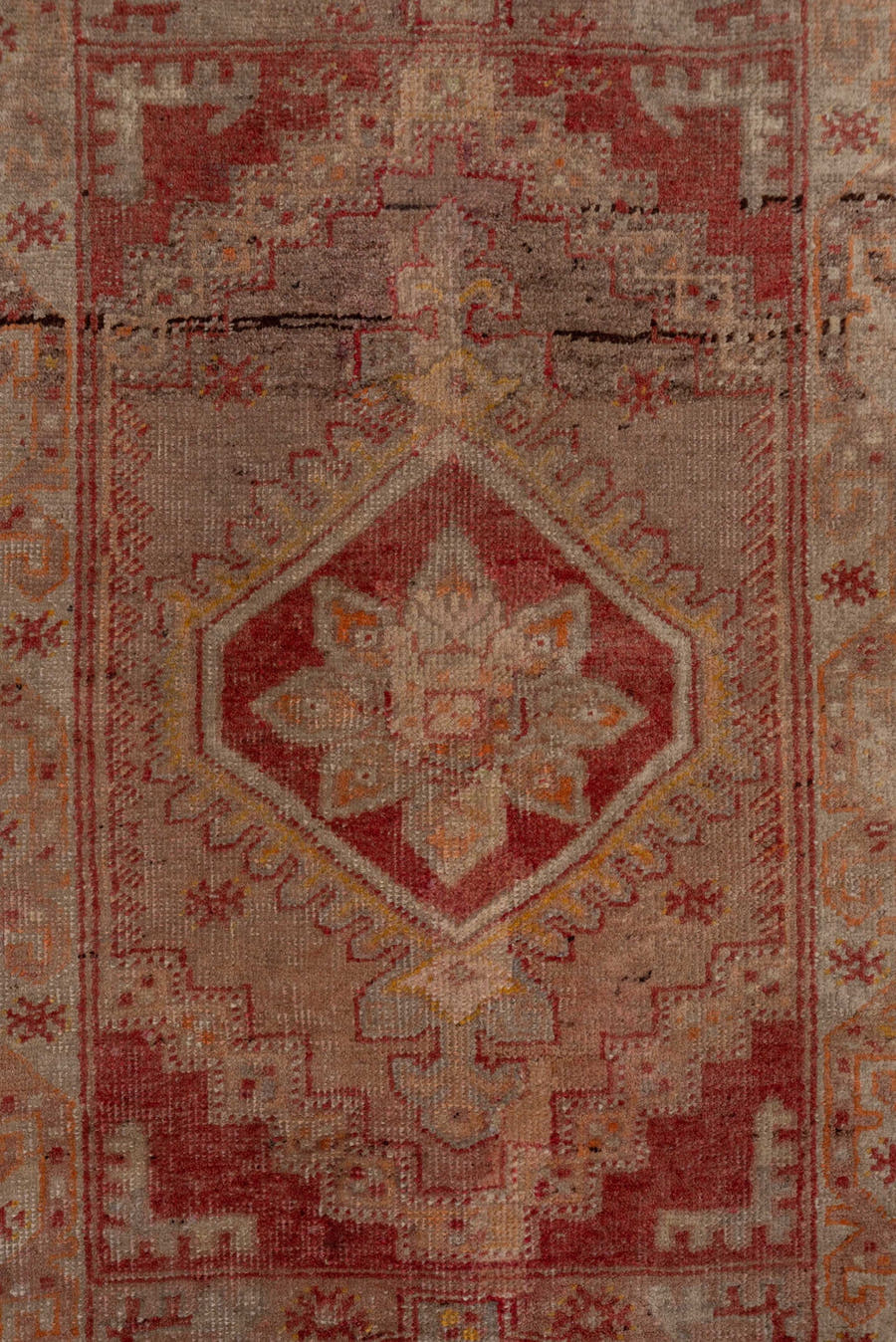 3' x 10' one-of-a-kind handmade vintage Sivas runner rug. Color palette: rust, rose, taupe, ivory, terra cotta, brown, gold