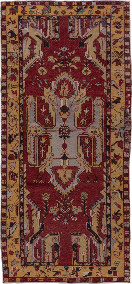 4' x 9' one-of-a-kind handmade vintage Oushak runner rug. Color palette: rust, ivory, gold, burgundy, charcoal, sage, taupe