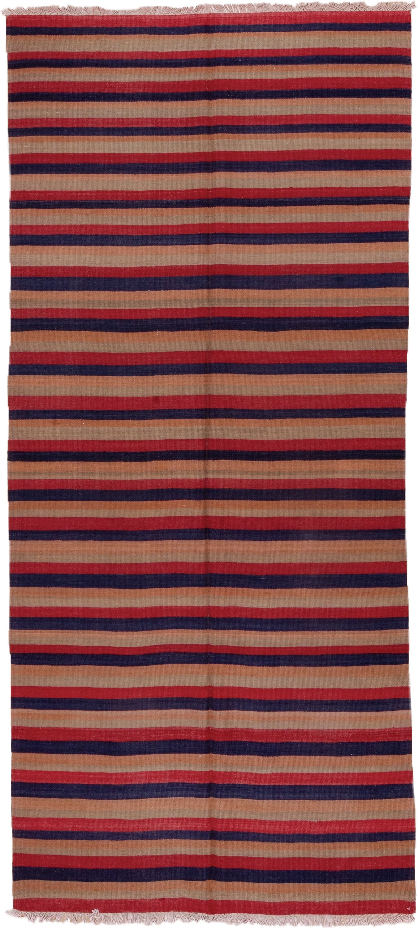 4' x 10' one-of-a-kind handmade vintage Kilim runner rug. Color palette: camel, navy, rust, red, tan, beige, blue