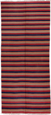4' x 10' one-of-a-kind handmade vintage Kilim runner rug. Color palette: camel, navy, rust, red, tan, beige, blue