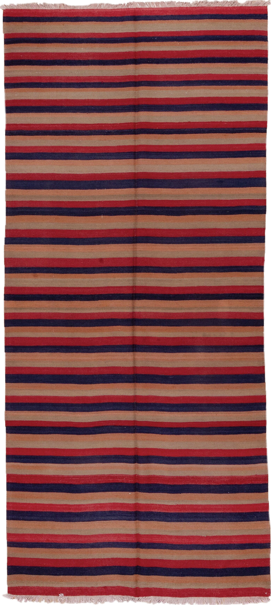 4' x 10' one-of-a-kind handmade vintage Kilim runner rug. Color palette: camel, navy, rust, red, tan, beige, blue