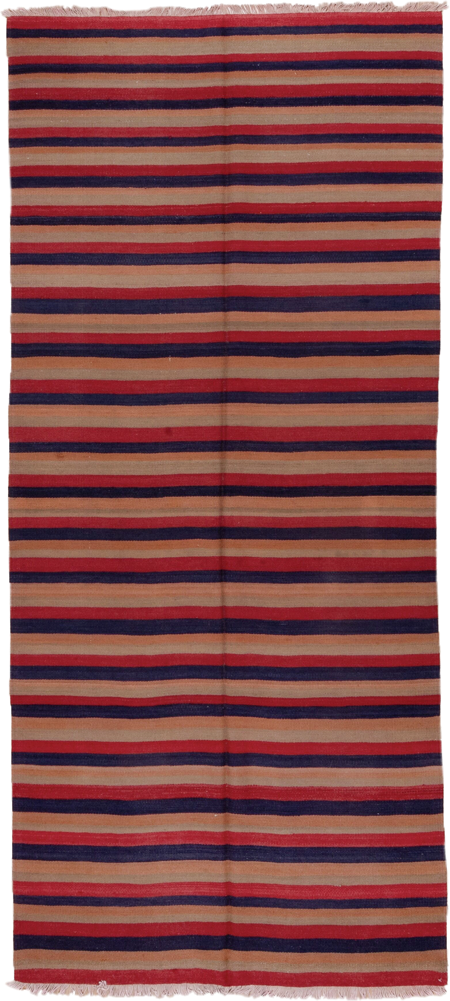 4' x 10' one-of-a-kind handmade vintage Kilim runner rug. Color palette: camel, navy, rust, red, tan, beige, blue