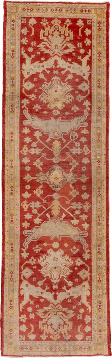 3' x 11' one-of-a-kind handmade vintage Oushak runner rug. Color palette: terra cotta, ivory, beige, rust, camel, rose