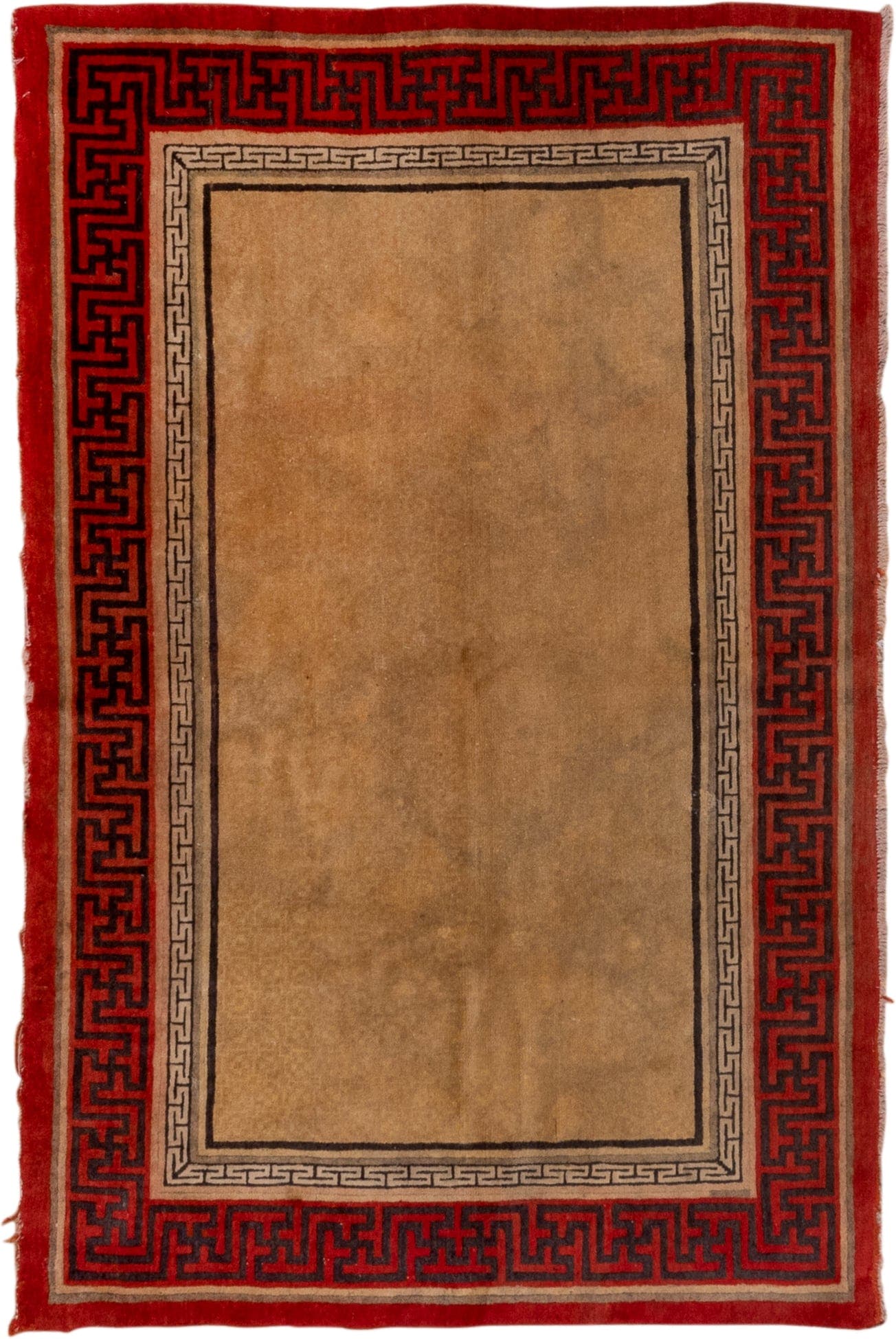 3' x 6' one-of-a-kind handmade vintage Chinese small size rug. Color palette: camel, red, charcoal, ivory, tan, beige, gray