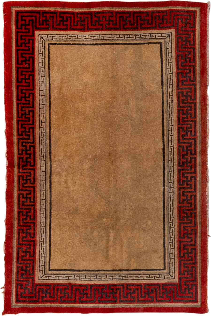 3' x 6' one-of-a-kind handmade vintage Chinese small size rug. Color palette: camel, red, charcoal, ivory, tan, beige, gray