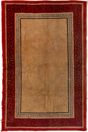 3' x 6' one-of-a-kind handmade vintage Chinese small size rug. Color palette: camel, red, charcoal, ivory, tan, beige, gray