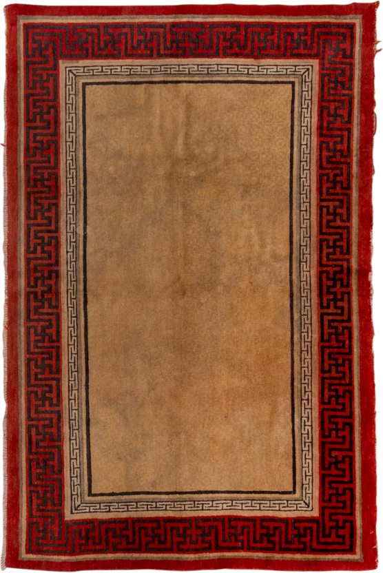 3' x 6' one-of-a-kind handmade vintage Chinese small size rug. Color palette: camel, red, charcoal, ivory, tan, beige, gray
