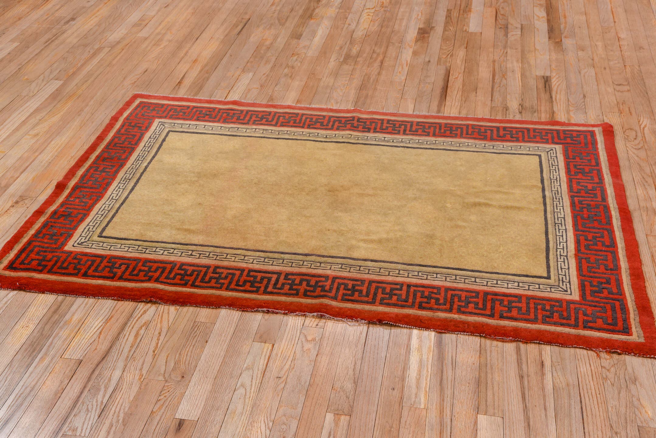 3' x 6' one-of-a-kind handmade vintage Chinese small size rug. Color palette: camel, red, charcoal, ivory, tan, beige, gray