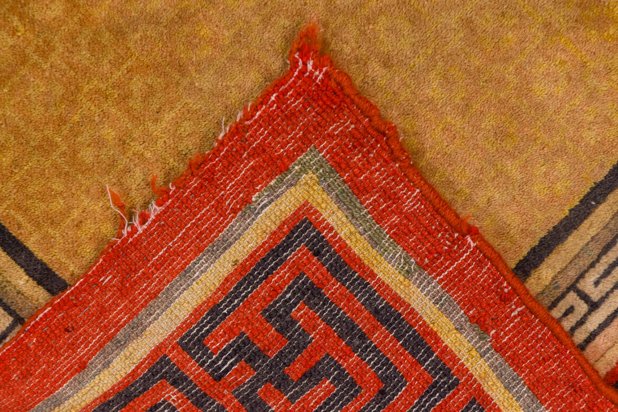 3' x 6' one-of-a-kind handmade vintage Chinese small size rug. Color palette: camel, red, charcoal, ivory, tan, beige, gray