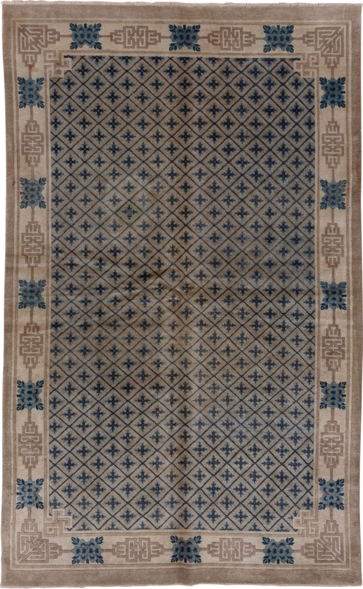 4' x 7' one-of-a-kind handmade vintage Chinese rug. Color palette: beige, ivory, slate, navy, taupe, blue, gray
