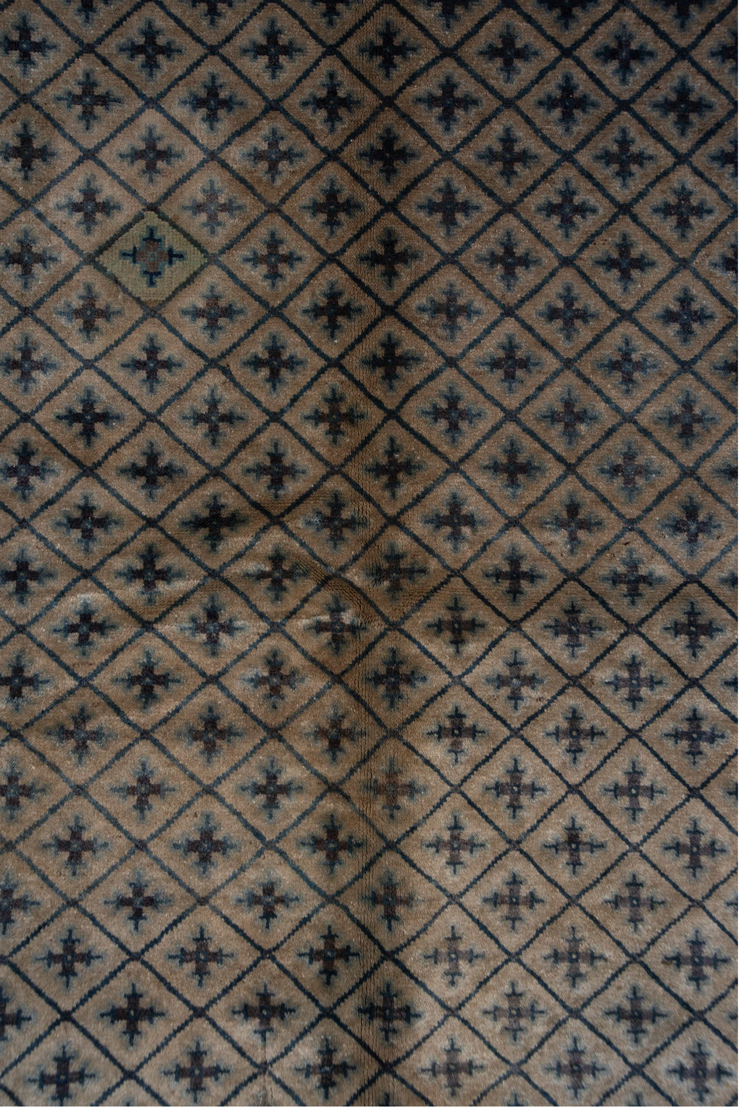 4' x 7' one-of-a-kind handmade vintage Chinese rug. Color palette: beige, ivory, slate, navy, taupe, blue, gray