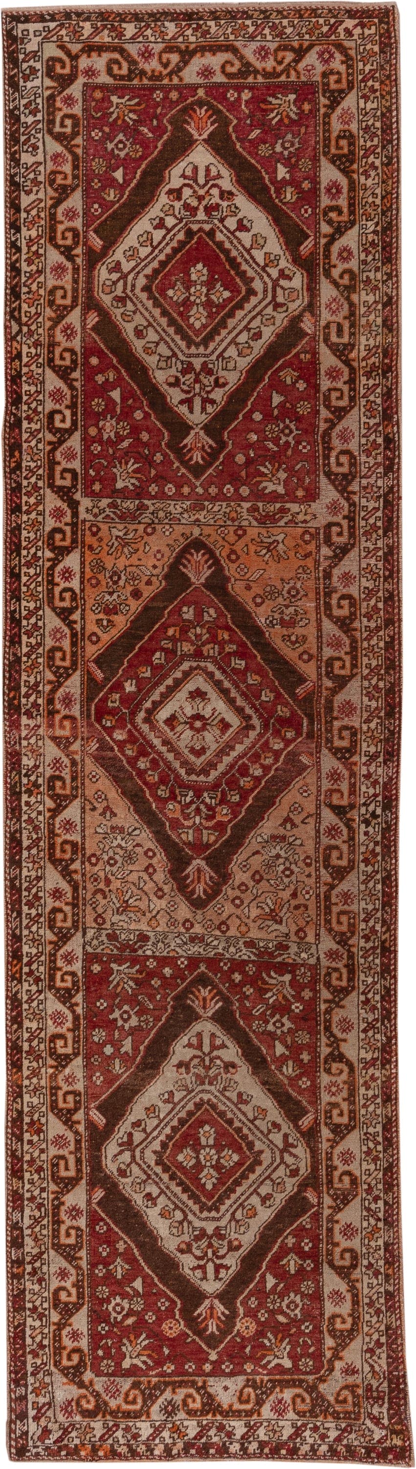 3' x 11' one-of-a-kind handmade vintage Sivas runner rug. Color palette: rust, ivory, terra cotta, brown, burgundy, camel