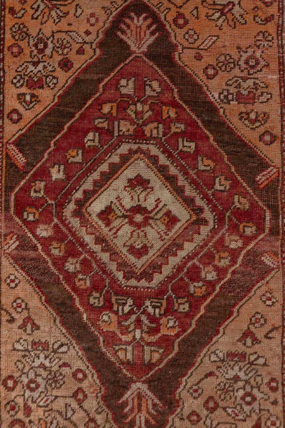 3' x 11' one-of-a-kind handmade vintage Sivas runner rug. Color palette: rust, ivory, terra cotta, brown, burgundy, camel