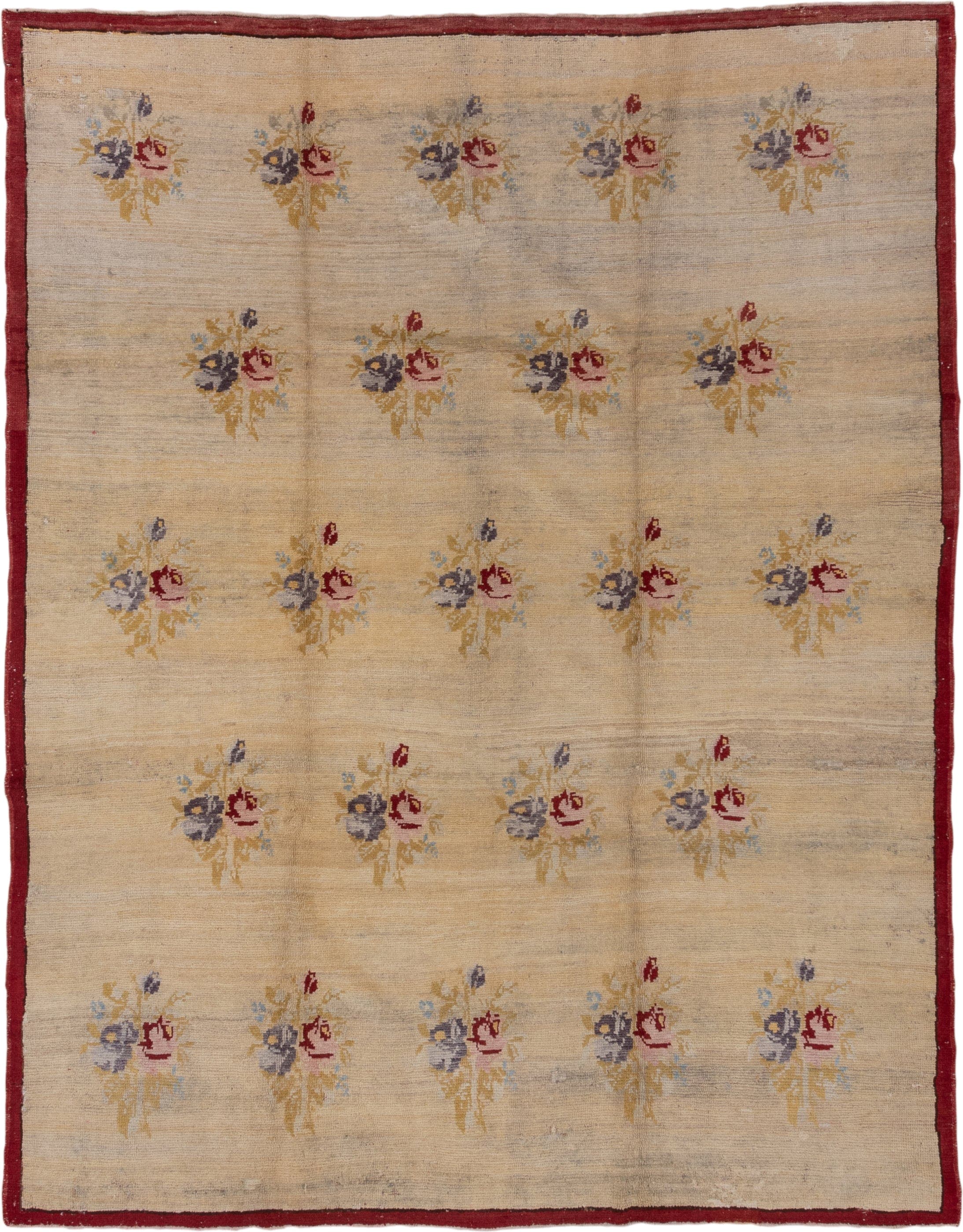 6' x 8' one-of-a-kind handmade vintage Oushak medium size rug. Color palette: ivory, rust, gold, lavender, sky blue, rose